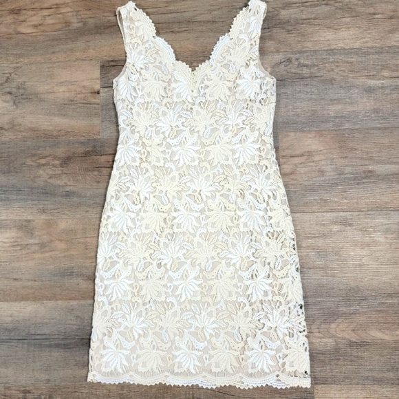 Ann Taylor Dressy Sleeveless Lace Overlay Dress Cream Beige Lined Size 0 - Picture 10 of 15